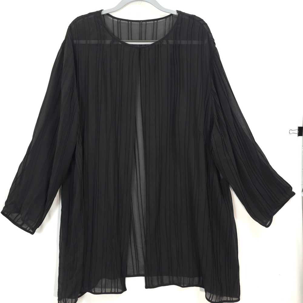 Kay Unger Black Silk Sheer Pintuck Open Front Jacket 3X Minimalist Luxury Flawed